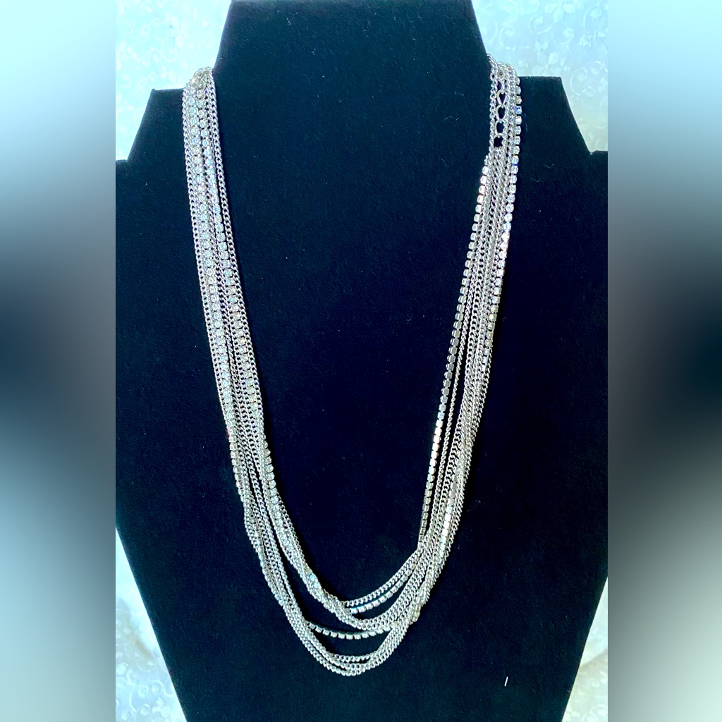 Super Long 4 Strands Rhinestones Chain Necklace 34” Silver Color